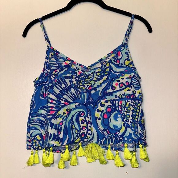 Lilly Pulitzer Ramona Crop Tassel Top Blue Ceviche Pattern Women’s Size 0 EUC - Picture 4 of 9